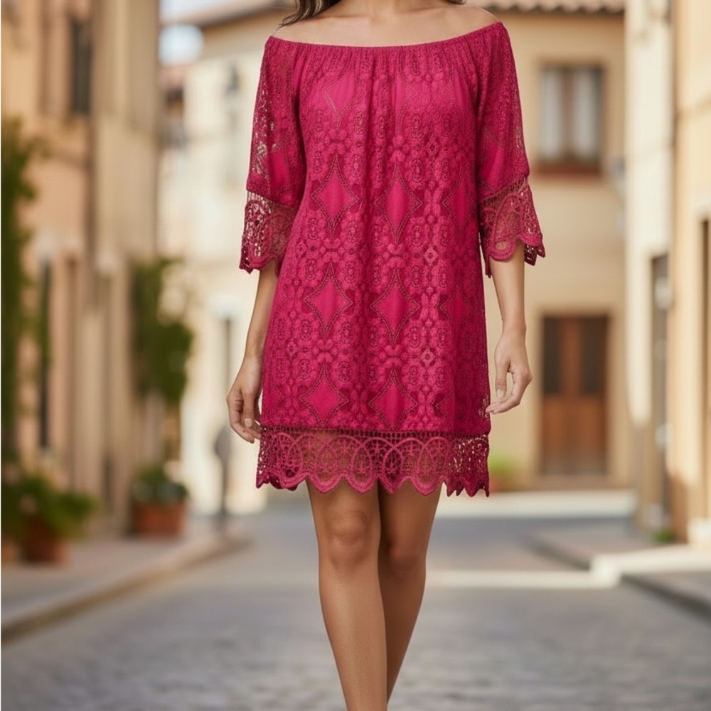 Chic Lace Off-Shoulder Blouse in Vibrant Pink